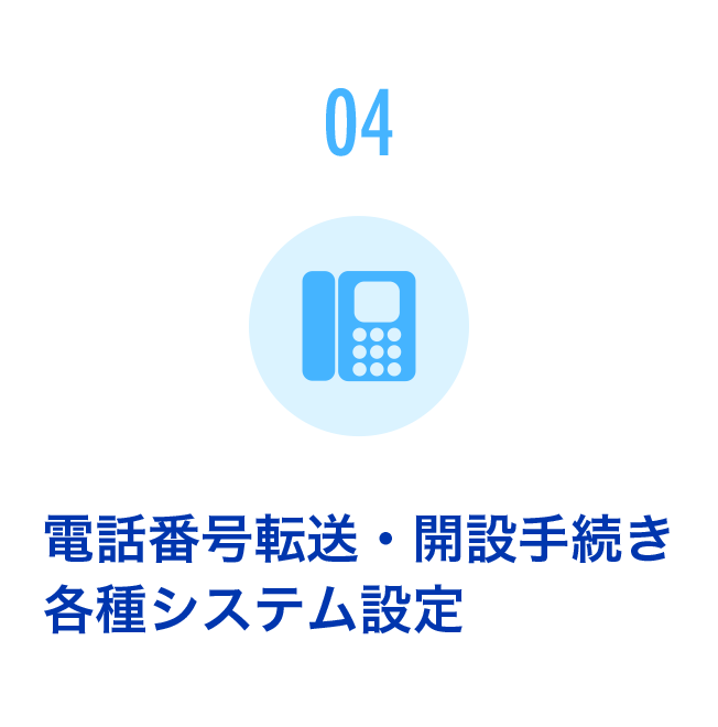電話番号転送・開設手続き各種システム設定。